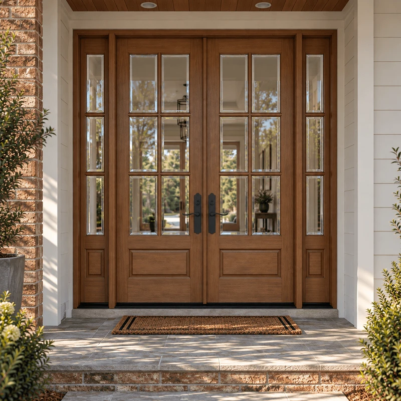 Mahogany 6 Lite double door with sidelights and clear beveled glass in bright daytime light.