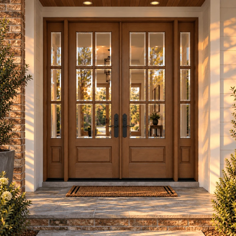 Mahogany 6 Lite double door with sidelights and clear beveled glass glowing in warm golden hour light.