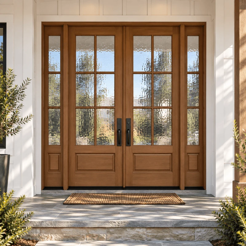 Mahogany 6 Lite double door with sidelights and textured Flemish glass in afternoon light.