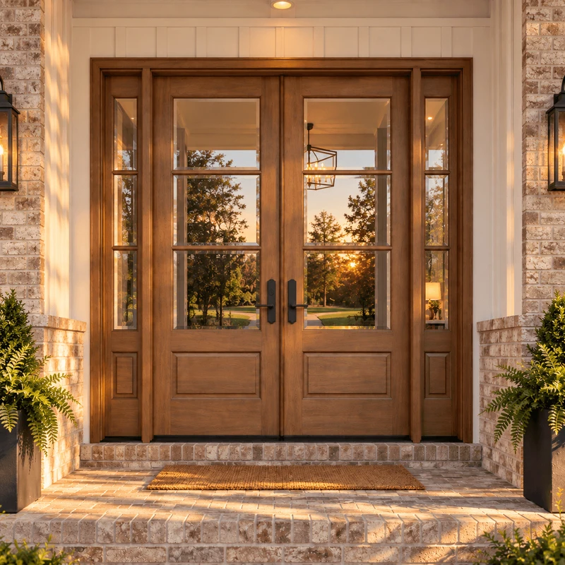 Mahogany 1W3H double door with sidelights and clear beveled glass glowing in warm golden hour light.