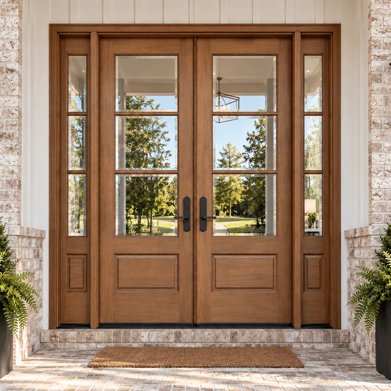 Mahogany 1W3H double door with sidelights and clear beveled glass in bright daytime light.