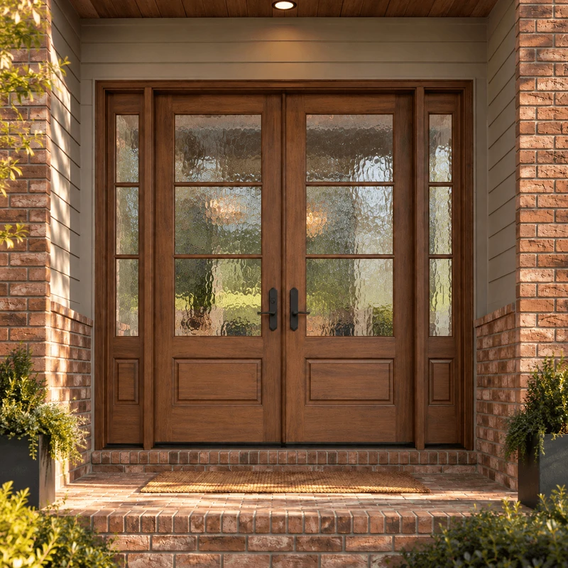 Mahogany 1W3H double door with sidelights and textured Flemish glass in afternoon light.