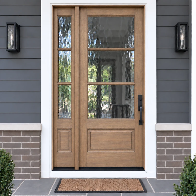 Beautiful Mahogany exterior wood front door with single sidelight and flemish Low-E glass. Available at GrandEntryDoors.com