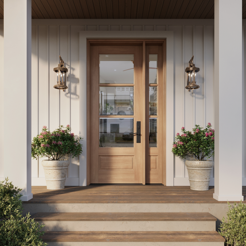 Mahogany 3 Lite front door with matching clear bevel glass sidelight highlighting rich wood texture, vertical glass design, and classic handcrafted craftsmanship. Available at GrandEntryDoors.com.