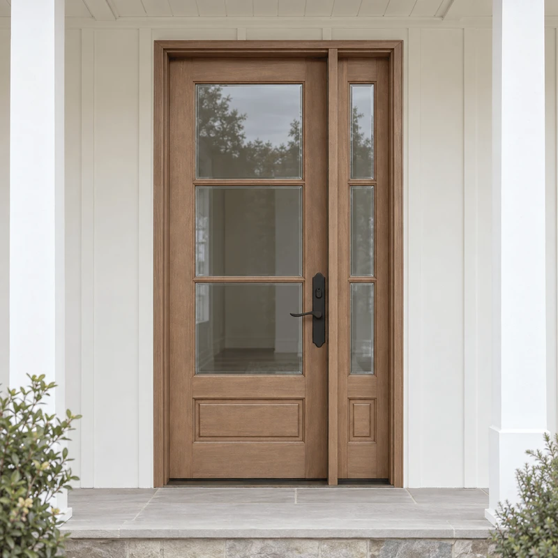 Mahogany 3 Lite front entry door with single sidelight featuring clear bevel glass, showcasing vertical stacked panes and warm wood grain for timeless elegance. Available at GrandEntryDoors.com.