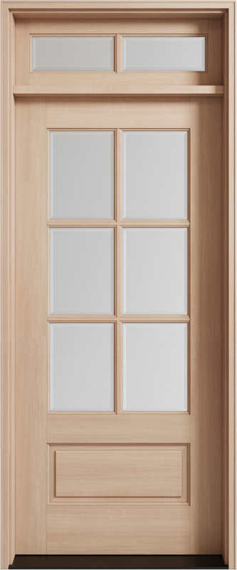 Mahogany 6 Lite single entry door with 2 Lite transom available with clear bevel or Flemish glass for a custom, timeless look. Available at GrandEntryDoors.com.