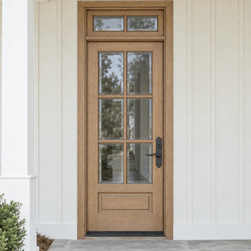 Mahogany 6 Lite single entry door with 2 Lite transom featuring clear bevel glass for classic beauty and lasting appeal. Available at GrandEntryDoors.com.