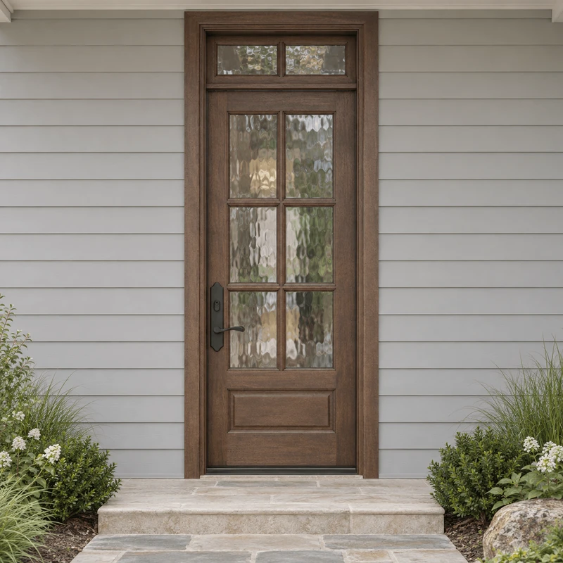 Mahogany 6 Lite single entry door with 2 Lite transom featuring flemish glass.