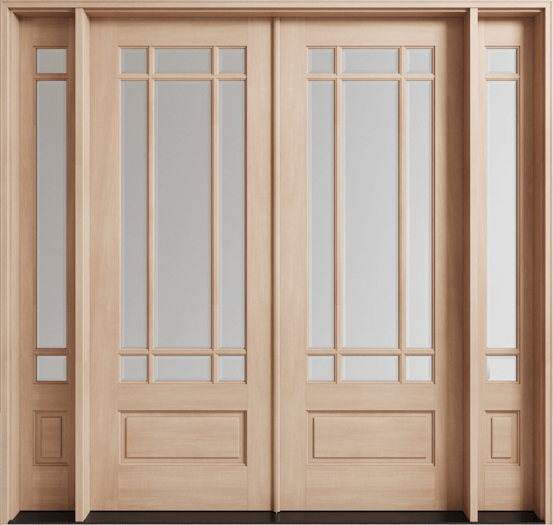 Mahogany 9 Lite prairie style double front door with sidelights featuring clear bevel glass for timeless beauty and inviting brightness. Available at GrandEntryDoors.com.