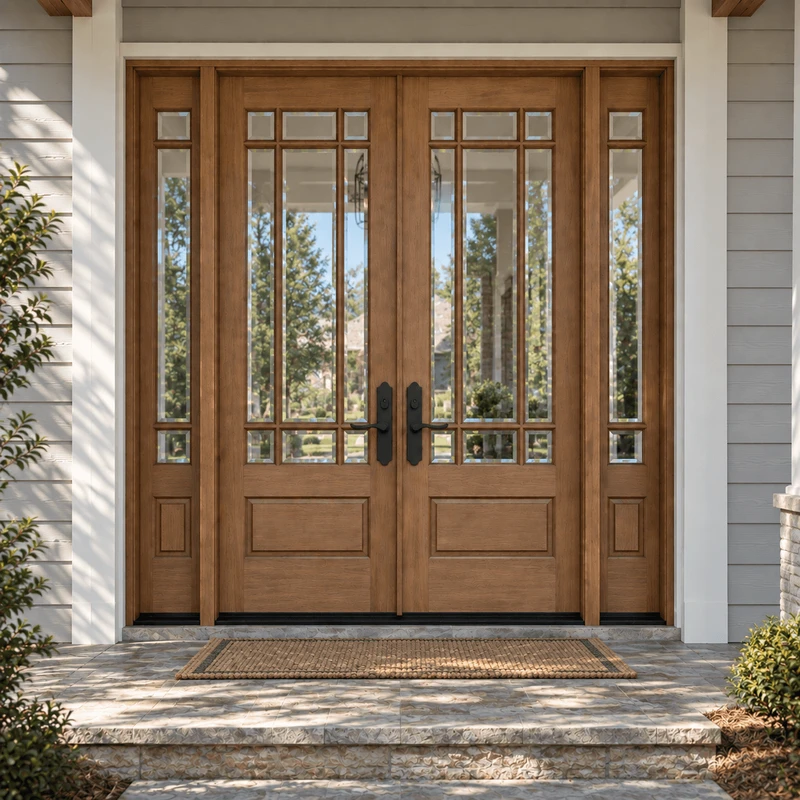 Beautiful mahogany 9 Lite double entry door with sidelights and clear bevel glass that enhances curb appeal and architectural balance. Available at GrandEntryDoors.com.