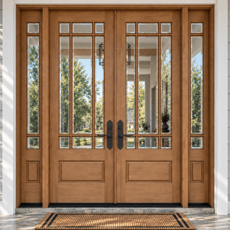 Mahogany 9 Lite prairie style double front entry door with sidelights and clear bevel glass shown on a beautiful front porch, adding elegance and warmth. Available at GrandEntryDoors.com.