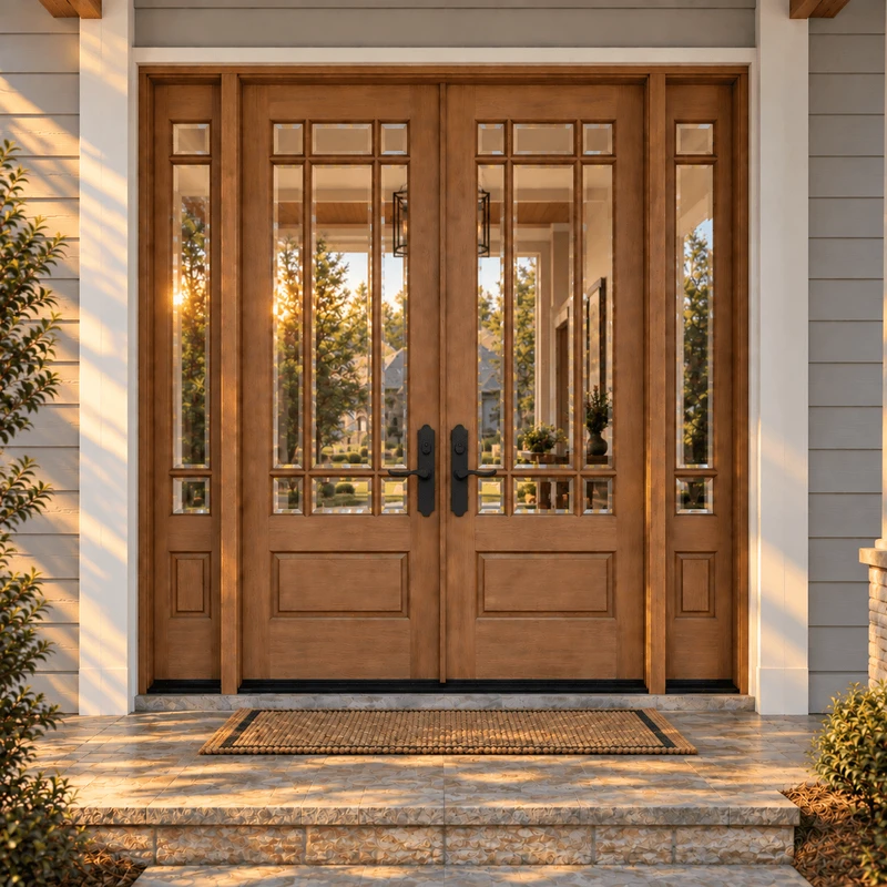 Mahogany 9 Lite Prairie double door with sidelights and textured Flemish glass glowing in warm golden hour light.