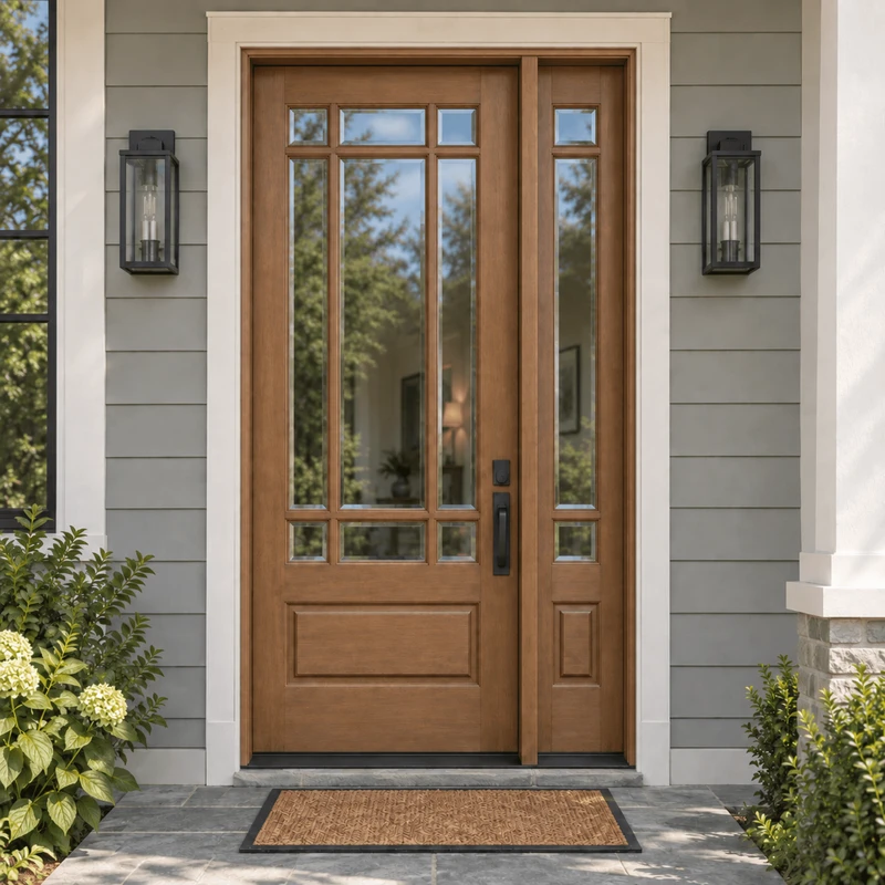 Mahogany 9 Lite prairie style single front entry door with sidelight and clear bevel glass shown on a beautifully decorated porch with soft blue siding. Available at GrandEntryDoors.com.