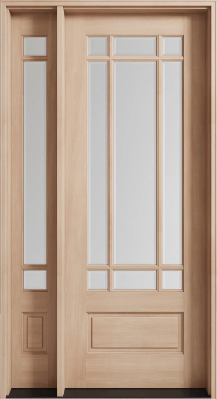 Beautiful mahogany 9 Lite single front door with sidelight and clear bevel glass that enhances curb appeal and timeless design. Available at GrandEntryDoors.com.