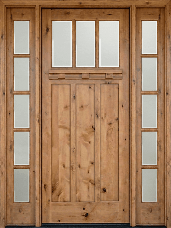 Warm knotty alder Craftsman 3 lite front door with clear bevel glass and matching sidelights creating a bright, inviting entryway.