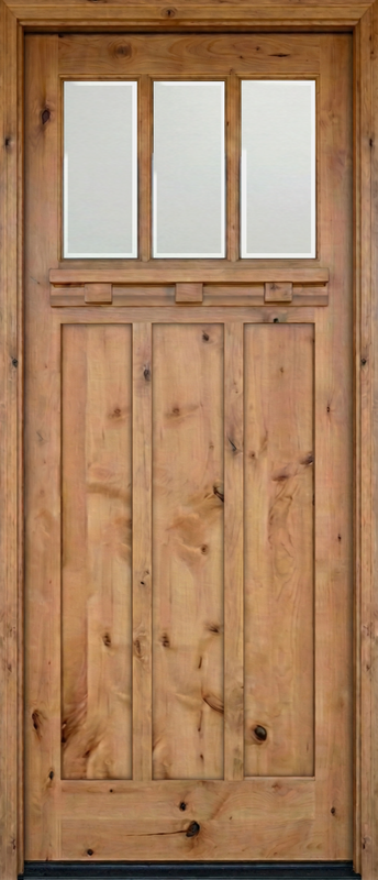 Knotty alder Craftsman 3 lite front door with clear bevel glass and natural wood grain, creating a warm and timeless entry.