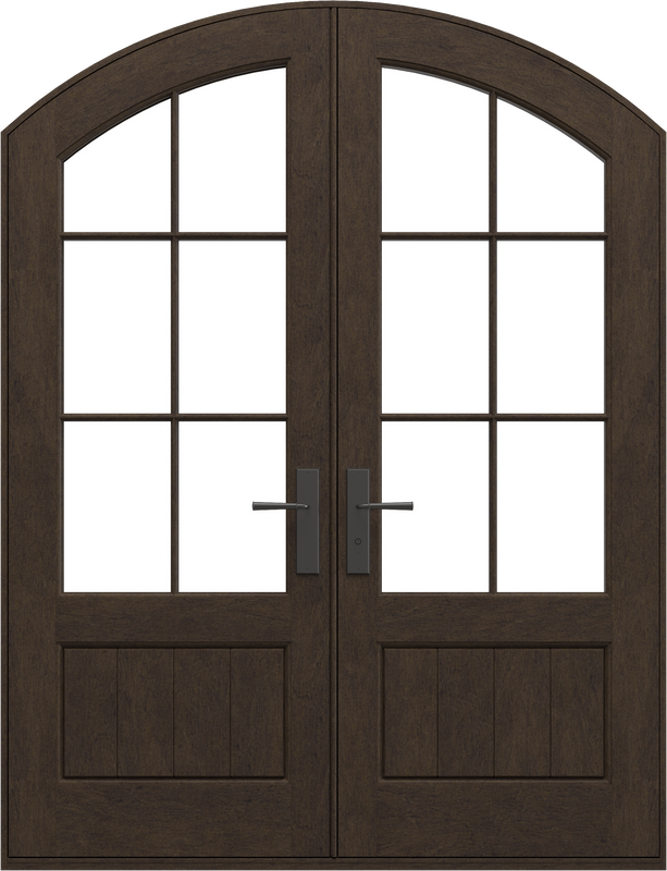 Impact rated arch top double entry door with simulated divided lite glass and v-groove bottom panels.