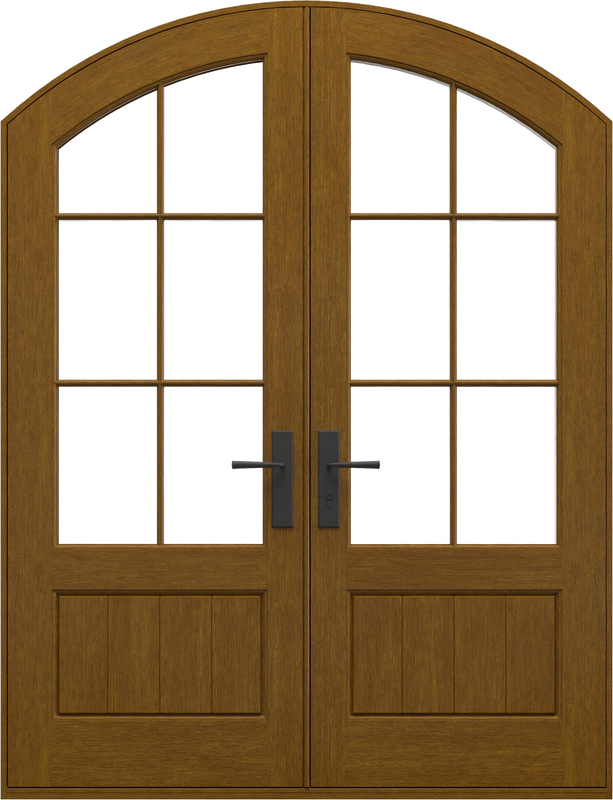 Impact and HVHZ rated arch top double entry door with divided lite glass and v-groove bottom panels, available in mahogany, white oak, or cypress