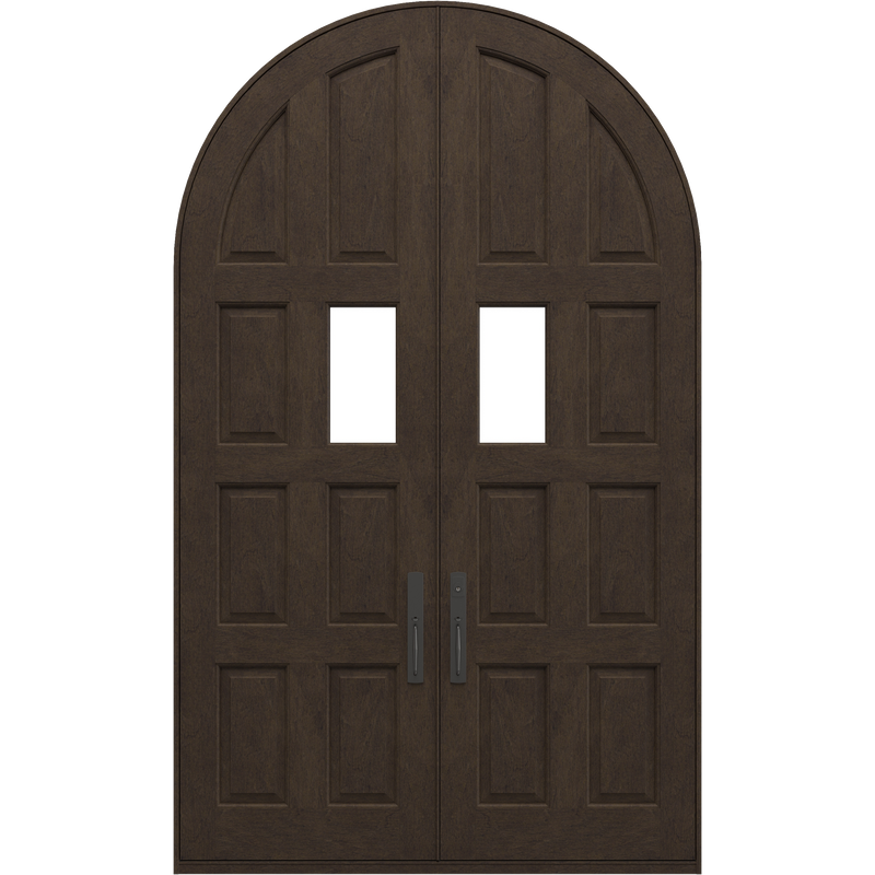 Mediterranean radius top HVHZ impact rated double door with seven-panel construction in mahogany, white oak, or cypress