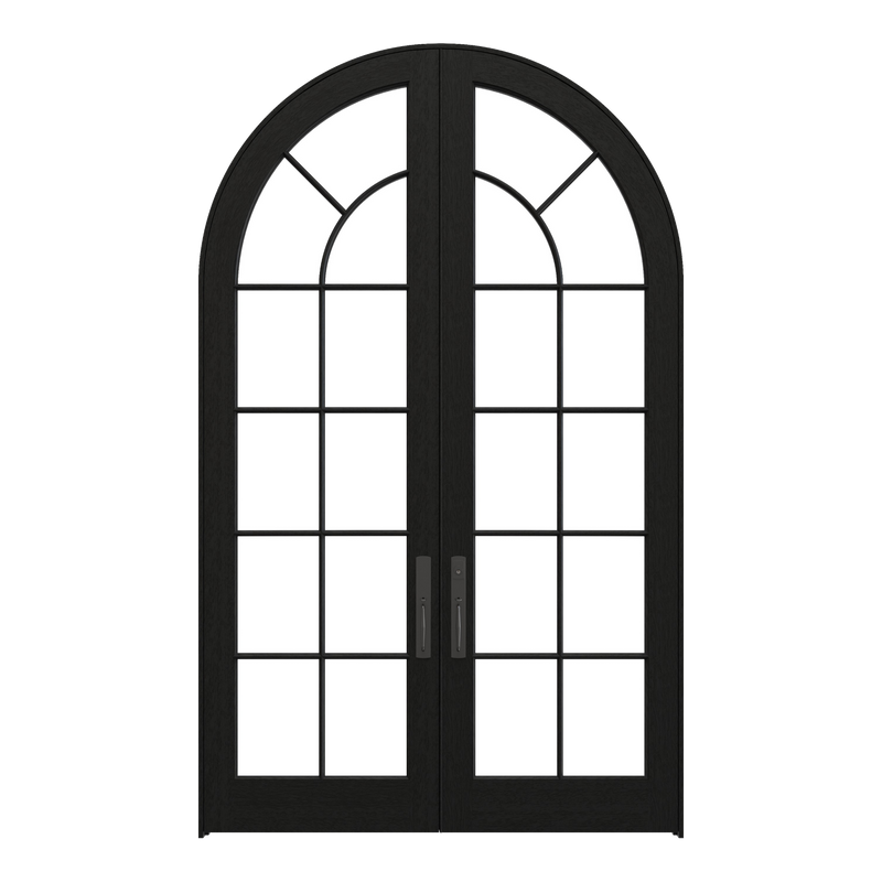 Radius top 11-lite SDL HVHZ impact rated double entry door with arched divided lite glass pattern