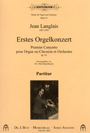 Langlais' first Organ Concerto, edited by Otto Depenheuer & Marie-Louise Langlais. Includes 1 Score, and orchestra parts for strings, 2 flutes, 2 oboes, 2 clarinets, 2 bassoons, OHS also has an additional full score available
Dr. J. Butz, med/diff