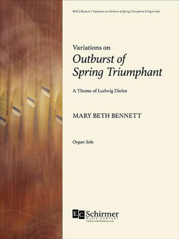 This 10-minute work by Mary Beth Bennett (b. 1954) is built on a theme of the late Virginia composer, Ludwig Diehn. Commissioned for the 2009 Mid-Atlantic Regional Convention of the AGO, is has six movements: Intrada, Ostinato, Celestes, Aria, Interlude and Toccata. Accessible and captivating, it has been featured on "Pipedreams", and has been performed at the Cathedral of Notre Dame in Paris. 2018, EC Schirmer, 15 pgs.