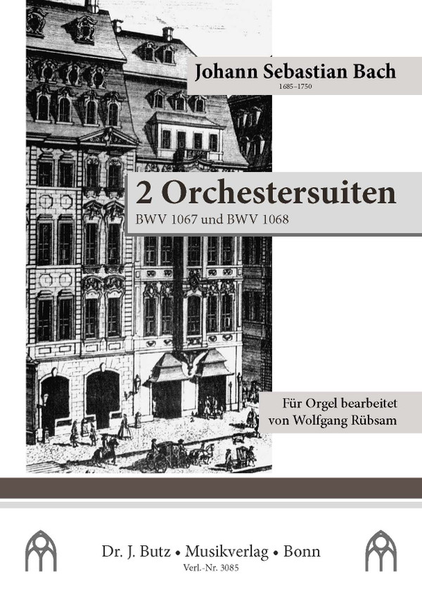 Two orchestral suites by J.S. Bach, BWV 1067 and 1068 (which includes the famous 'Air'). Arranged for organ solo by Wolfgang Rübsam; 54 pgs, 2023, Dr. J. Butz.