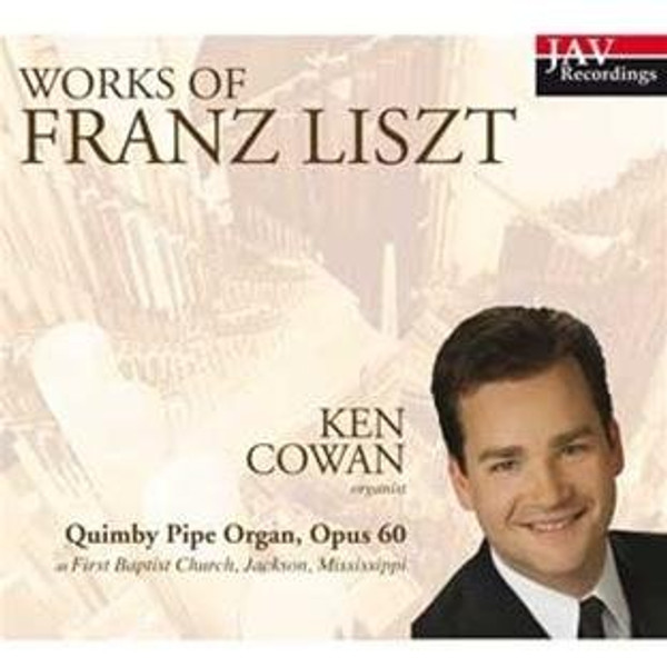 In this 2010 recording, Ken Cowan plays:
Prometheus, S. 99 (transcribed by Jean Guillou)
Consolation No. 3 in Db, S. 172, Lento (transcribed by Ken Cowan) and Adagio
Prelude and Fugue on the Name B-A-C-H, S. 260 (arr. Cowan)
Liebestraum No. 3, S. 541
Fantasy and Fugue on the Choral, 'Ad nos, ad salutarem undam', S. 259
Play time: 66:16