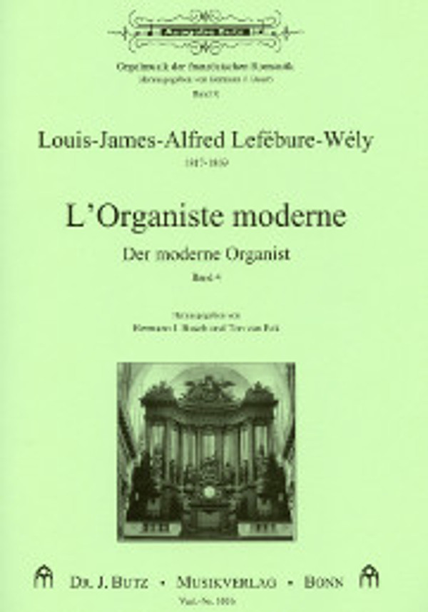 Volume IV in Lefébure-Wély's published collection of music for the modern organist. First published in Paris in 1867, this is wonderful romantic French organ music in a variety of genres and styles. Easy/Med, 53 pgs, Dr. J. Butz Musikverlag.

Offertoire(2)
Verset
Sortie
Fugue (2)
Elevation ou Communion 
Marche