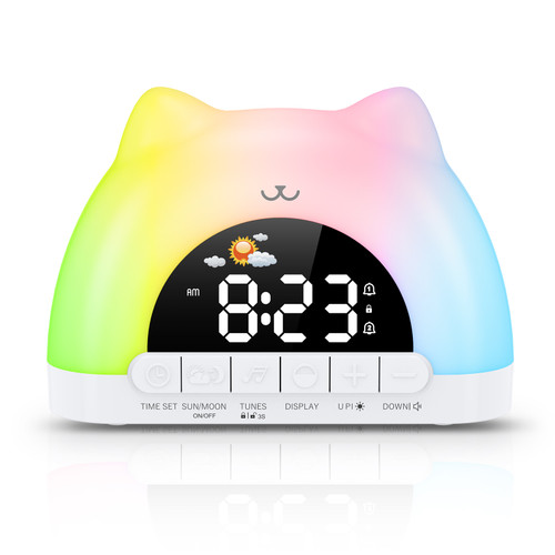 Cat Sleep Training Alarm Clock with 11-Colour Night Light on a clean background