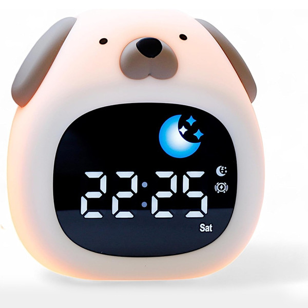Dog-shaped kids sleep trainer alarm clock with colour night light