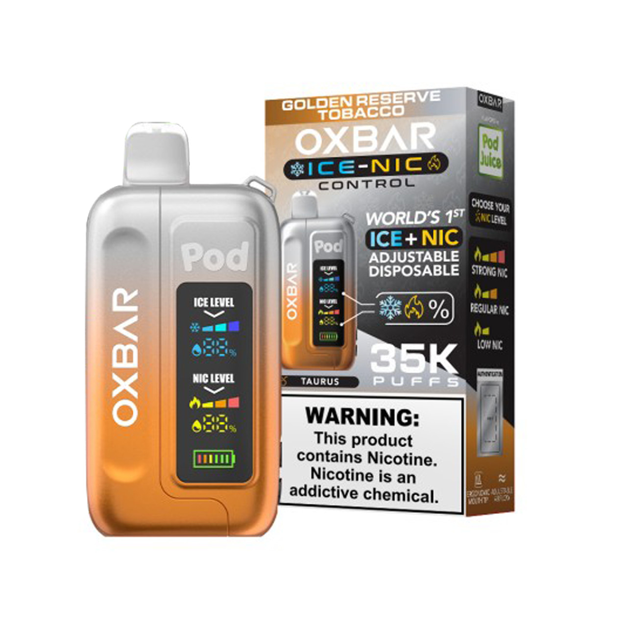 OXBAR X Pod Juice ICE-NIC Control 35K Disposable Vape 5%, 35000 Puffs Golden Reserve Tobacco OXBAR X Pod Juice ICE-NIC Control 35K Disposable Vape 5%, 35000 Puffs Golden Reserve Tobacco