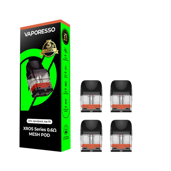VAPORESSO XROS Replacement Pod Cartridge - 4PK 0.6 OHMS Mesh -2ML Corex 3.0