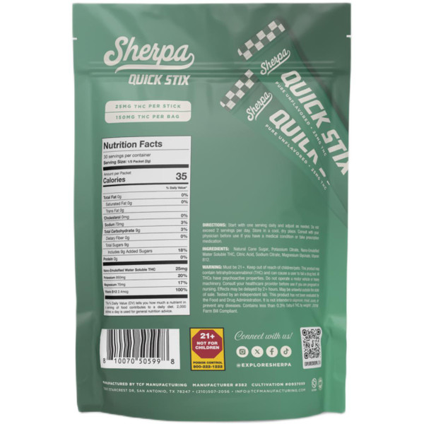 Sherpa THC Quick Stix Drink Packet 25 MG Pure Unflavored Back