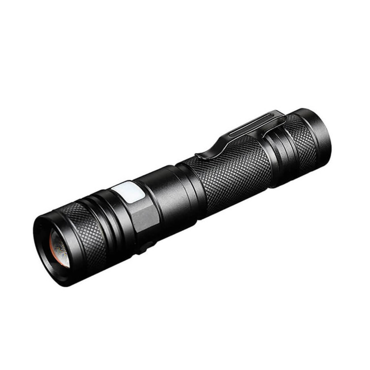 Pivoi 10W LED Tactical Rechargeable Flashlight with Clip, IP44 Water Resistant, Zoom focus, Metal body, 800 Lumens - Uses 1x 18650 Battery