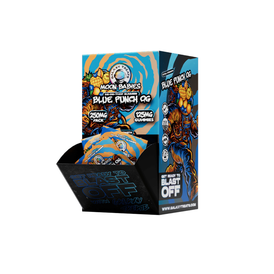 Galaxy Treats Moon Babies D8D9THC-P Extra Strength Gummies – 2ct Gravity Feed Display - Blue Punch OG - 250MG - 50 x 2PK
