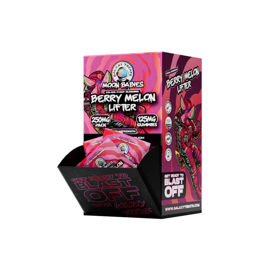 Galaxy Treats Moon Babies D8D9THC-P Extra Strength Gummies – 2ct Gravity Feed Display - Berry Melon Lifter - 250MG - 50 x 2PK