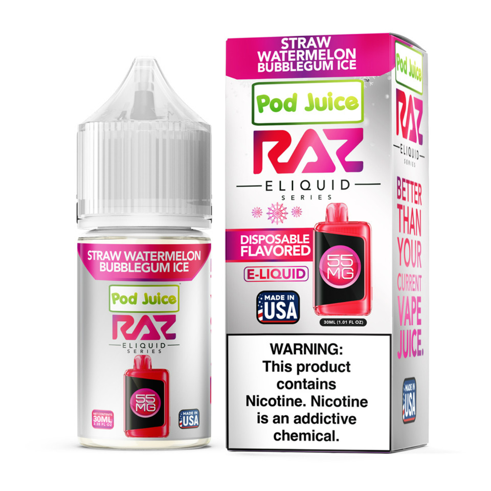Pod Juice x RAZ Salt Straw Watermelon Bubblegum Ice Tobacco Free Nicotine E-Juice 30ml