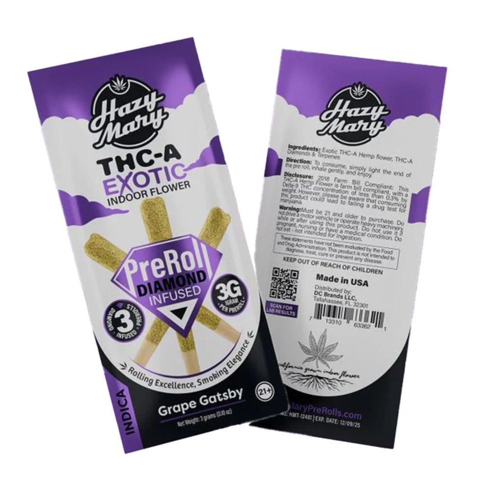 Hazy Mary Exotic Diamond Infused PreRoll 3G 3CT-Grape Gatsby Indica