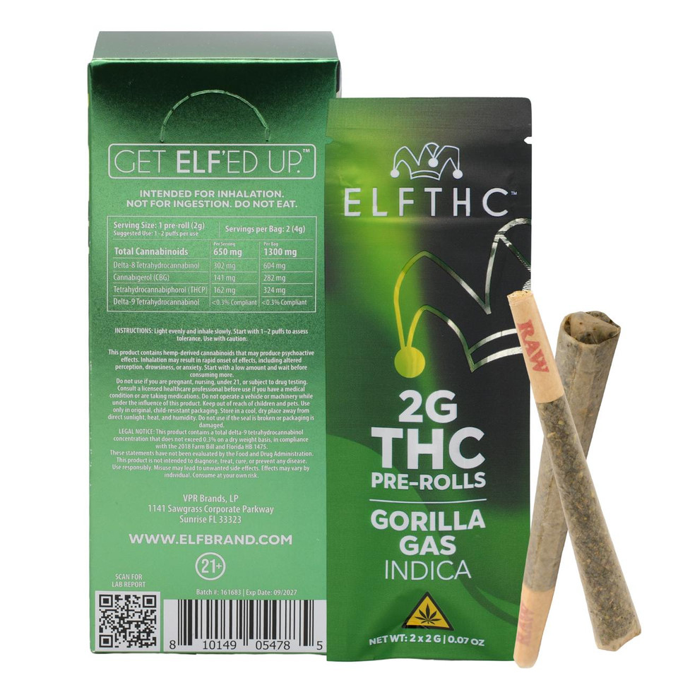 ELFTHC THC PreRolls 2G -2CT Gorilla Gas Indica