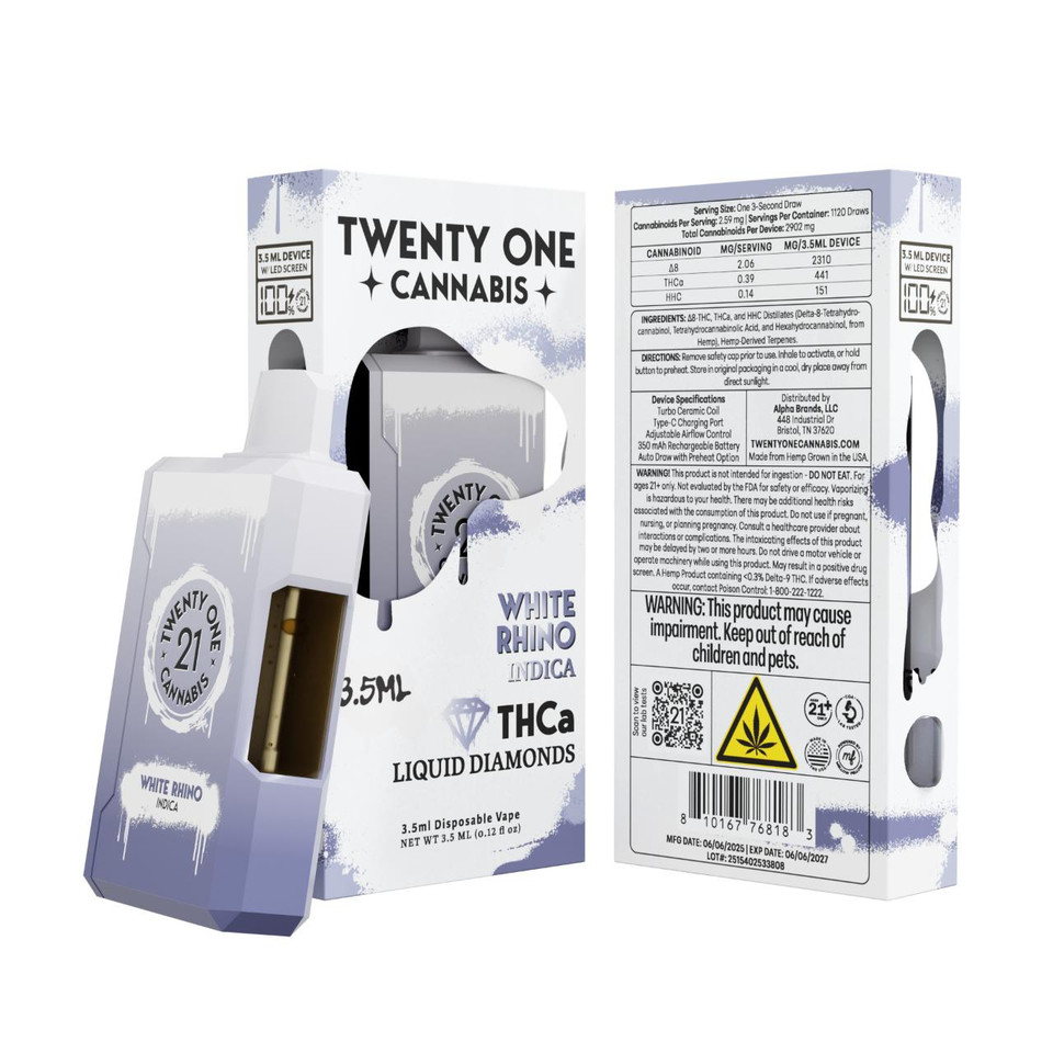 Twenty One THCA Cannabis Liquid Diamonds Disposable 3.5ML White Rhino Indica