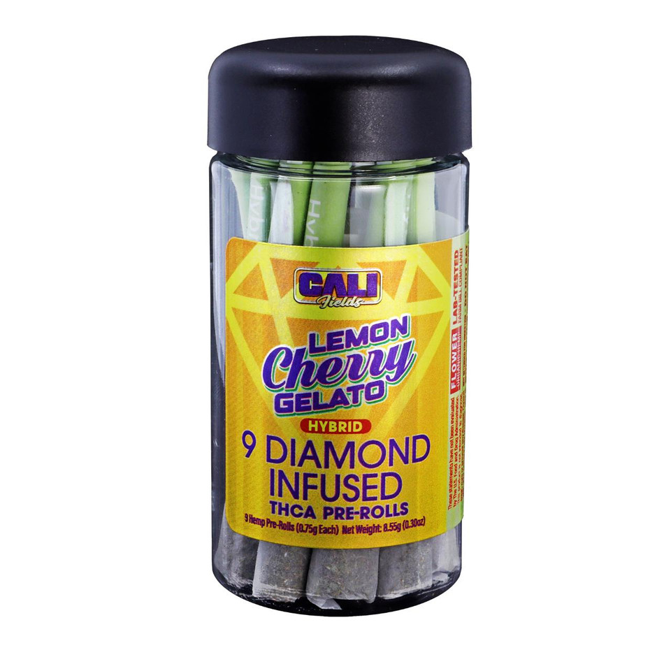 Cali Fields 9 DIamond Infused THCA Prerolls -9CT lemon Cherry Gelato