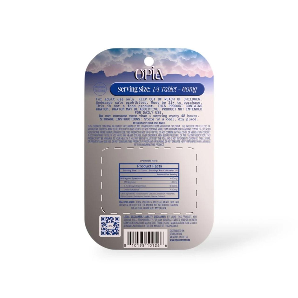 OPIA High Potency Kratom Extract Tablets 240MG-4 CT Blue Raspberry Back