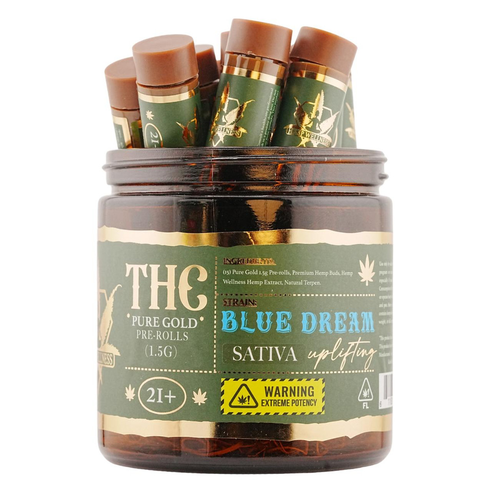 Hemp Wellness Pure Gold THC Prerolls 1.5G -12CT Blue Dream Sativa