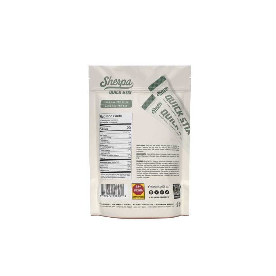 Sherpa THC Quick Stix Drink Packet 10 MG Pure Unflavored Back