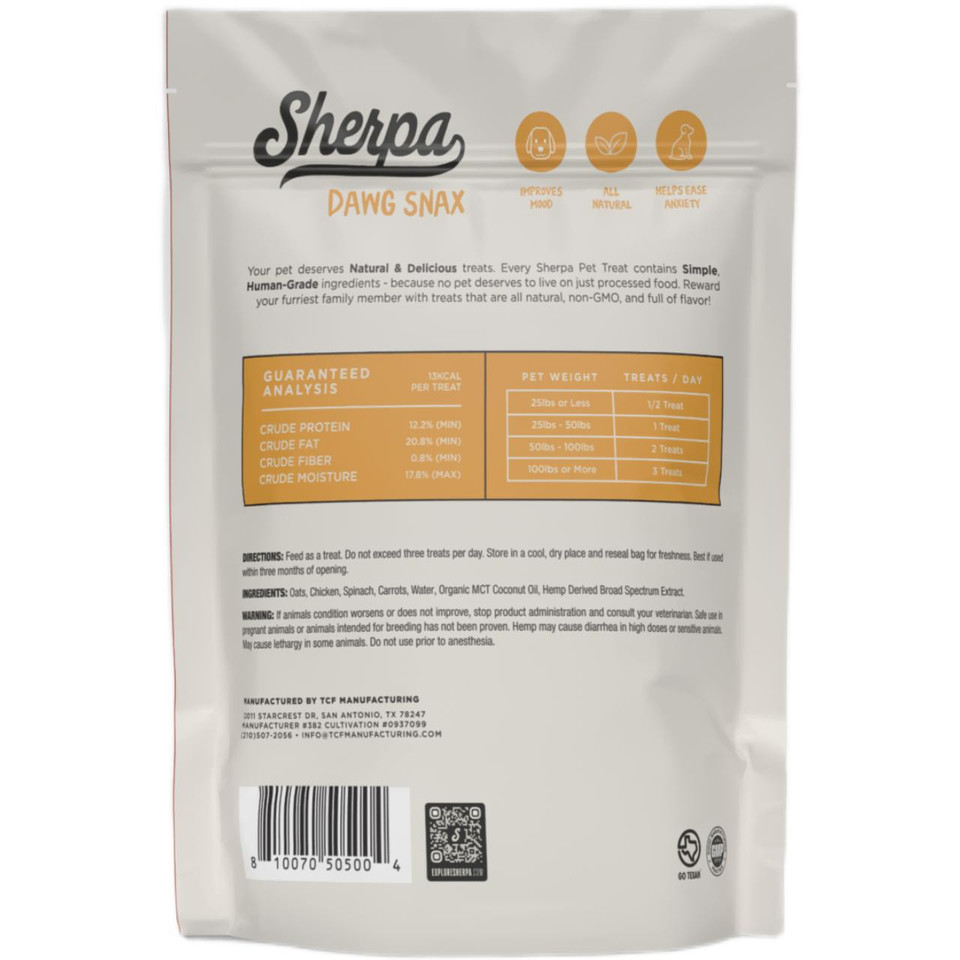 Sherpa Natural CBD Dawg Snax 750 MG Chicken Dinner Back