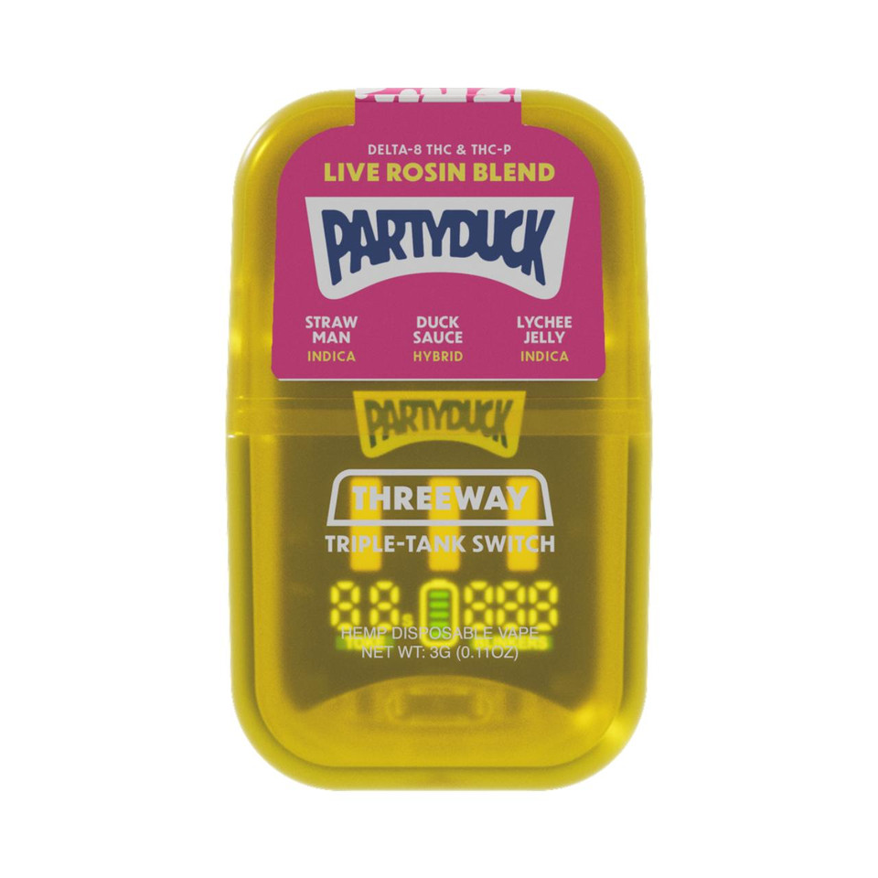 PartyDuck D8 THC-A THC-P Live Rosin Blend switch Disposable 3G Strawman Indica-Duck Sauce Hybrid-Lychee Jelly Indica