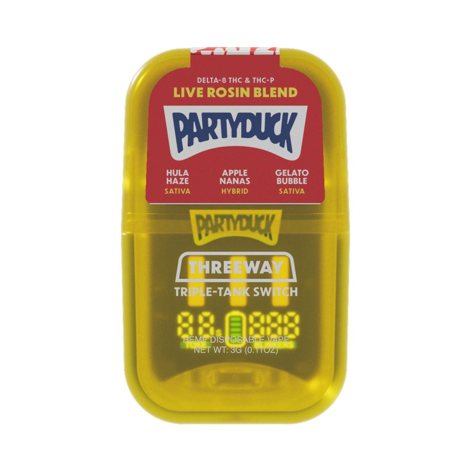PartyDuck D8 THC-A THC-P Live Rosin Blend switch Disposable 3G Hula Haze Sativa-Apple Nanas Hybrid-Gelato Bubble Sativa