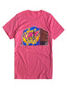 Front view of pink Mural Building T-shirt with graffiti design