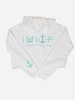 Front view cropped hoodie with teal IMITF log
